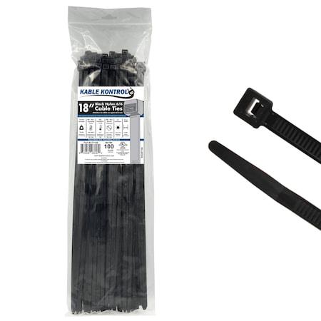 Kable Kontrol Cable Tie, 18 in L, 4.70 in Max Bundle Dia., Black, Nylon 6/6, 120 lb Strength, 100 PK CT7109